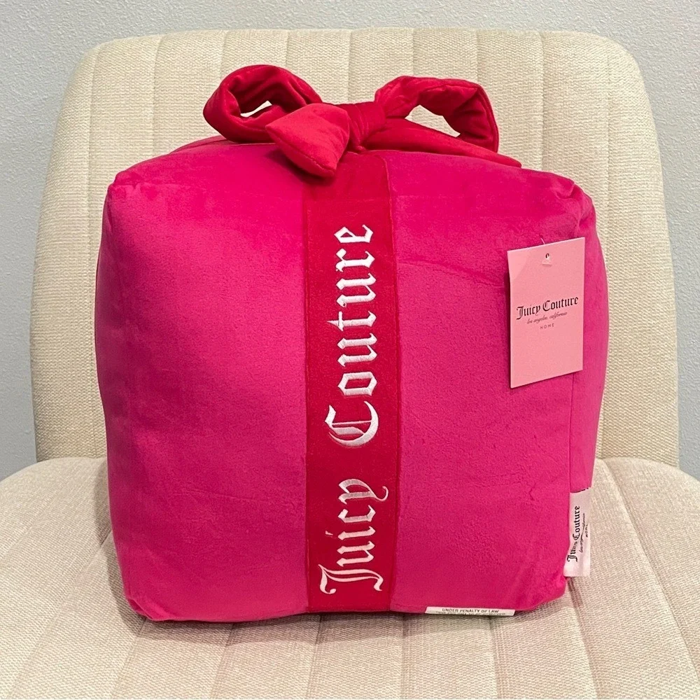 Juicy‎ Couture Hot Pink Velvet Gift Box Decorative Pillow Ribbon Bow Embroidered